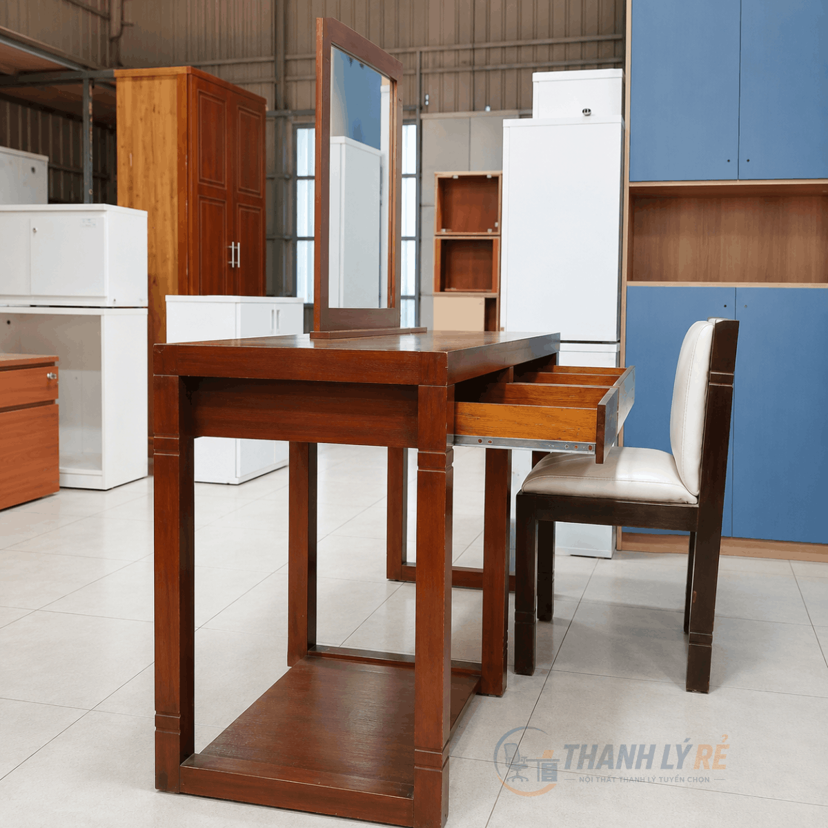 Bàn ghế trang điểm gỗ màu nâu 1400x495x750/1470mm BAN065