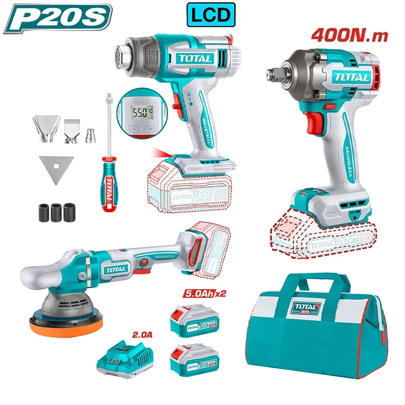 Bộ combo máy thổi nhiệt TBLI2003 & máy đánh bóng TAPLI2015 &  máy siết buloong TIWLI20401 không chổi than dùng pin 20V-TOTAL-TOSLI240863