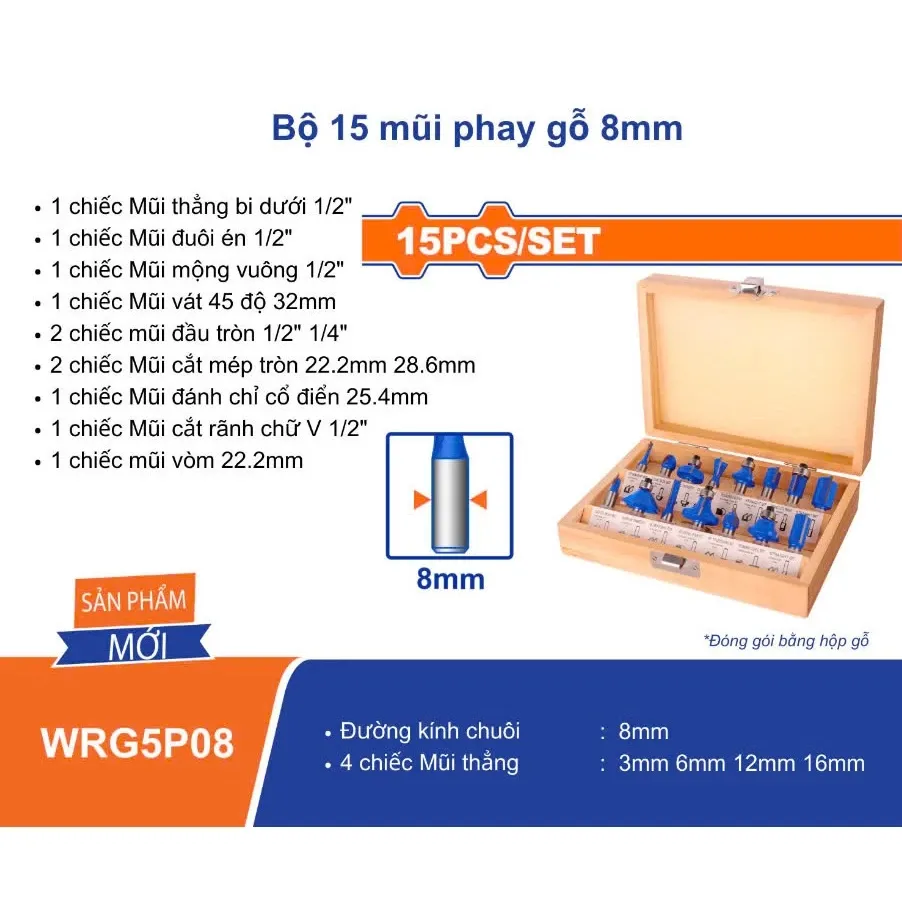 Bộ 15 mũi phay gỗ 8mm Wadfow  WRG5P08