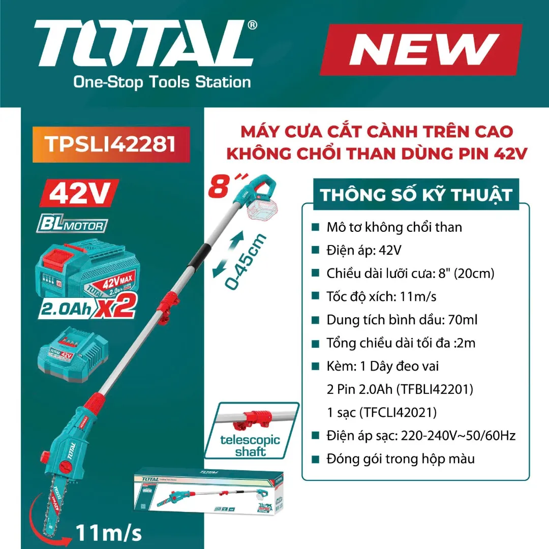 Máy cưa cắt cành trên cao không chổi than dùng pin 42V-TOTAL-TPSLI42281