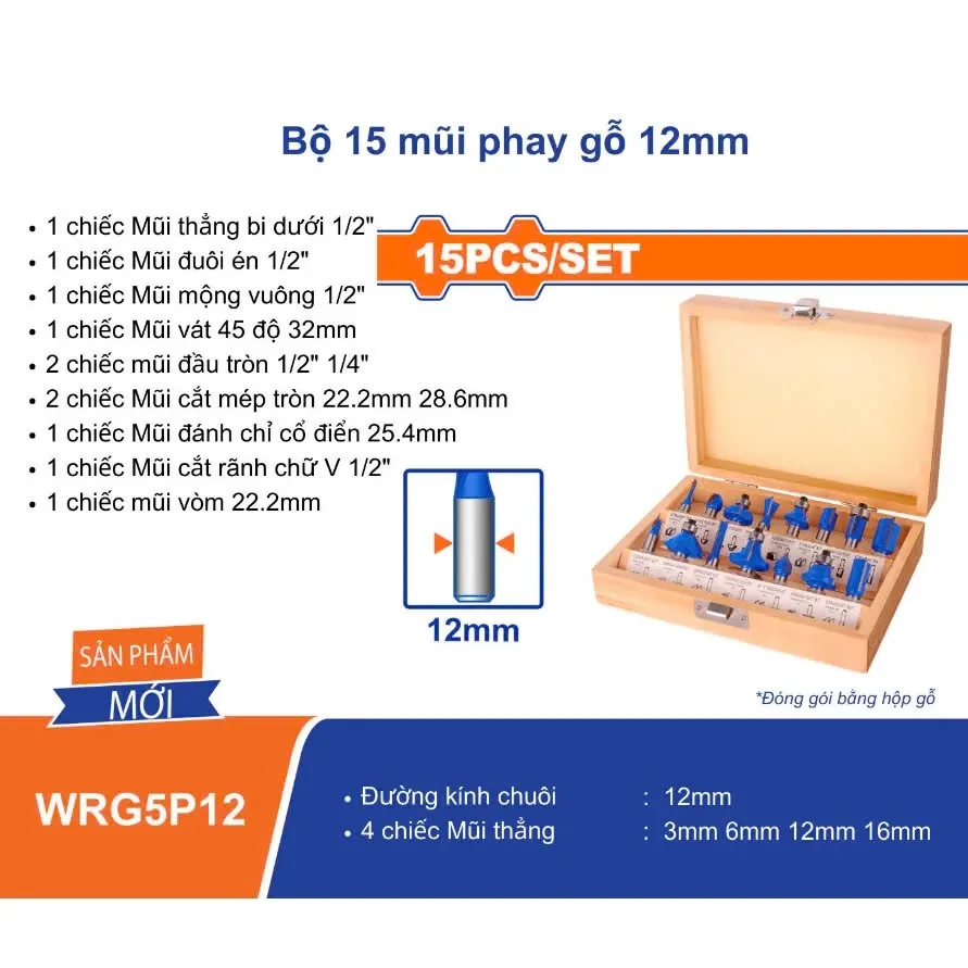 Bộ 15 mũi phay gỗ 12mm Wadfow  WRG5P12