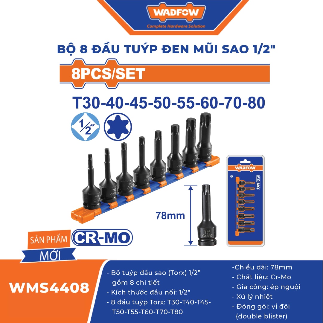 Bộ 8 đầu tuýp đen mũi sao 1/2"-Wadfow-WMS4408