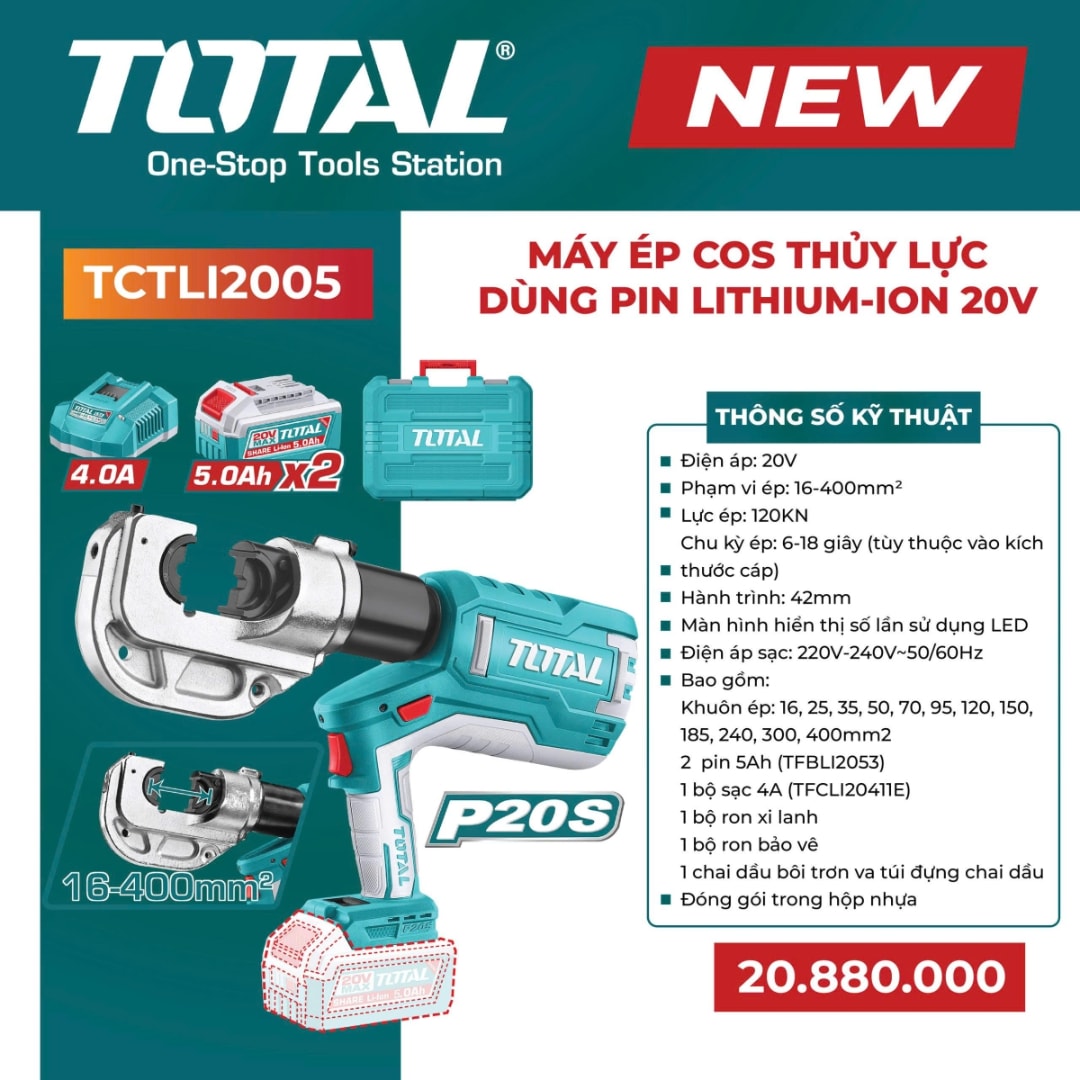 Máy ép cos thủy lực dùng pin Lithium-Ion 20V -TOTAL-TCTLI2005