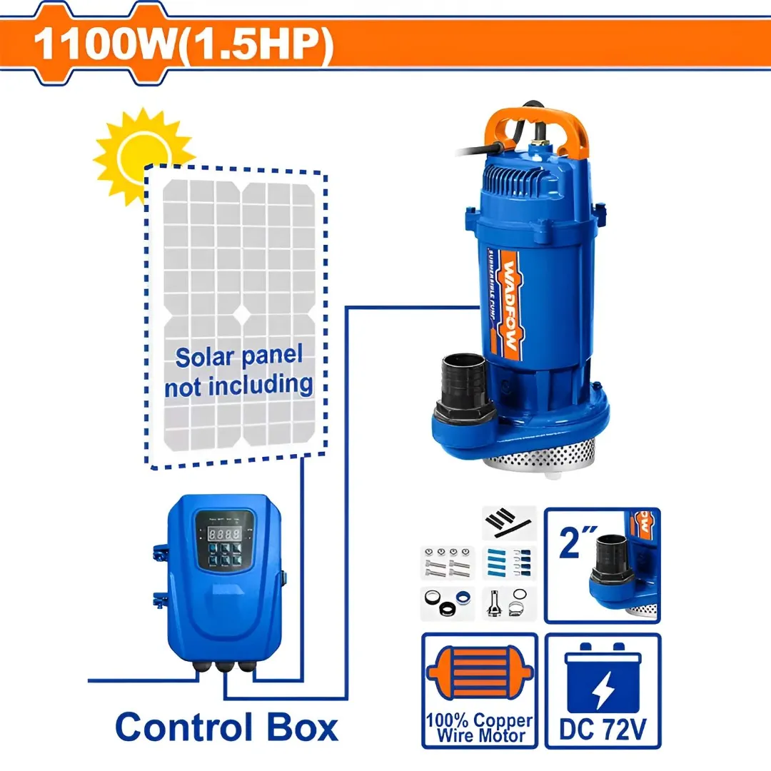 Máy bơm chìm năng lượng mặt trời (không bao gồm tấm năng lượng mặt trời) 1100W(1.5HP) Wadfow WWPQDC04