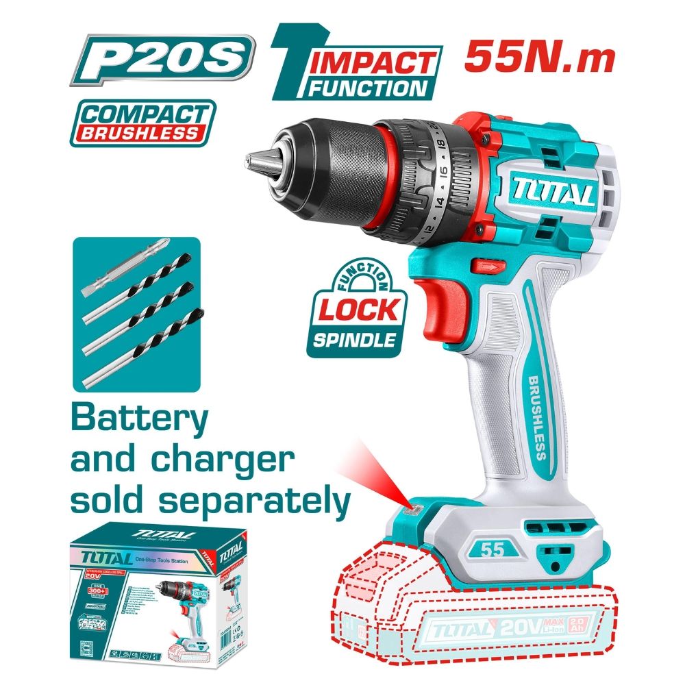 Máy khoan búa không chổi than dùng pin 20V (không kèm pin & sạc)-TOTAL-TIDLI205581