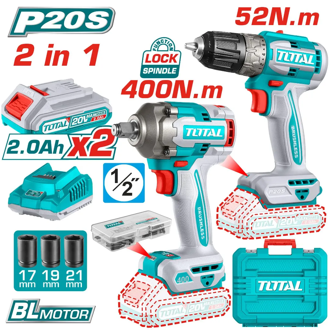 Bộ combo máy khoan TDLI204531 & máy siết buloong TIWLI2040 không chổi than dùng pin 20V-TOTAL-TCKLI20271