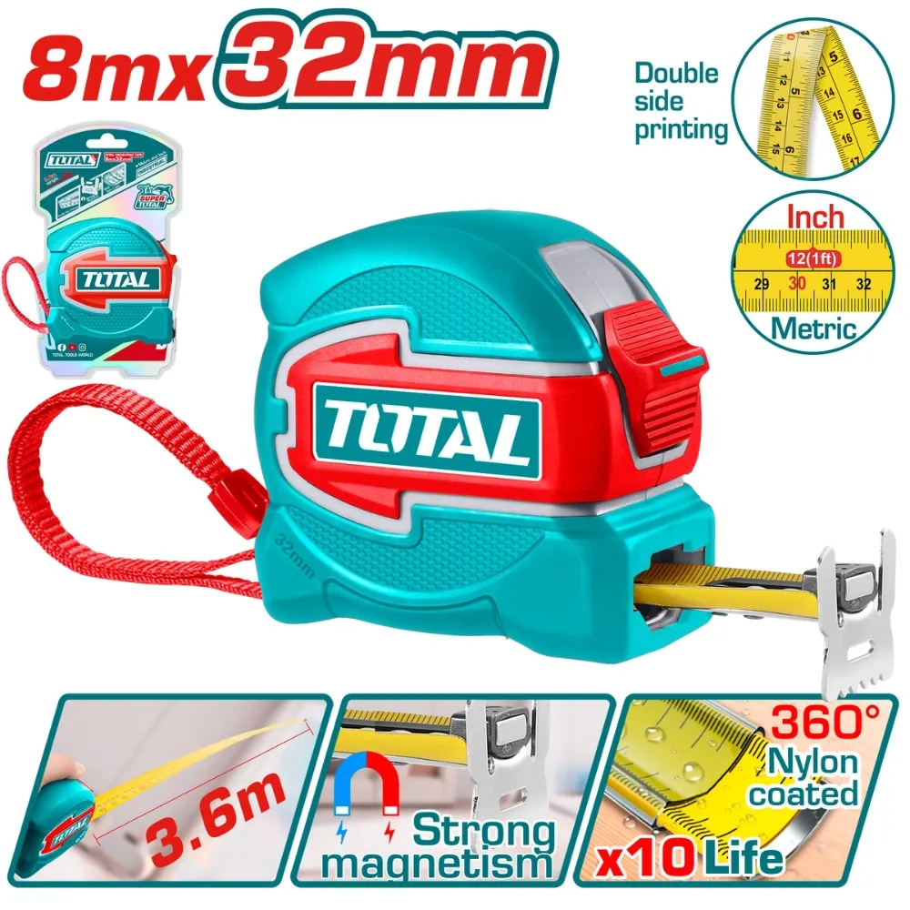 Thước kéo thép nền vàng 8mx32mm-TOTAL-TMT80832