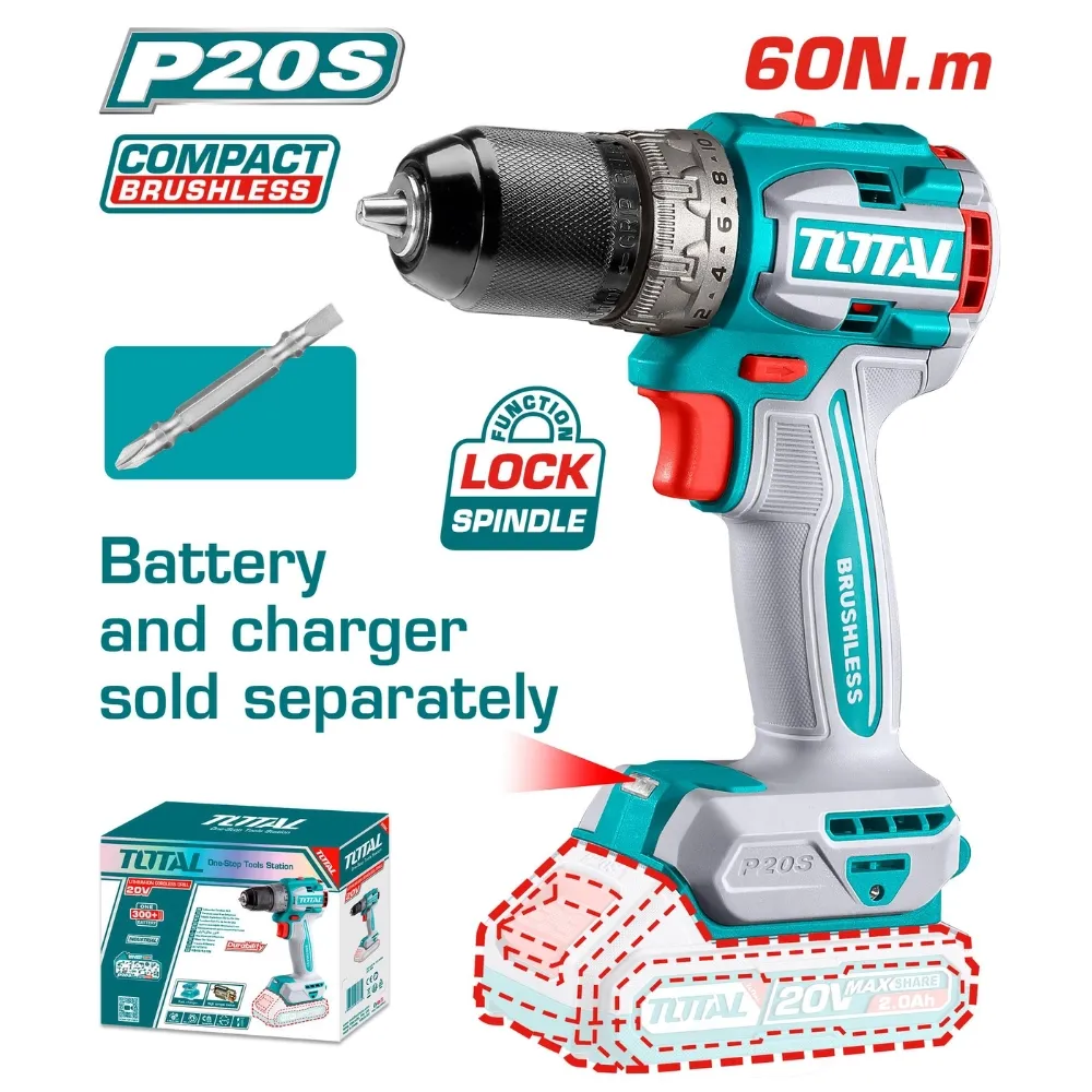 Máy khoan không chổi than dùng pin Lithium-Ion 20V (không kèm pin & sạc)-TOTAL-TDLI206021