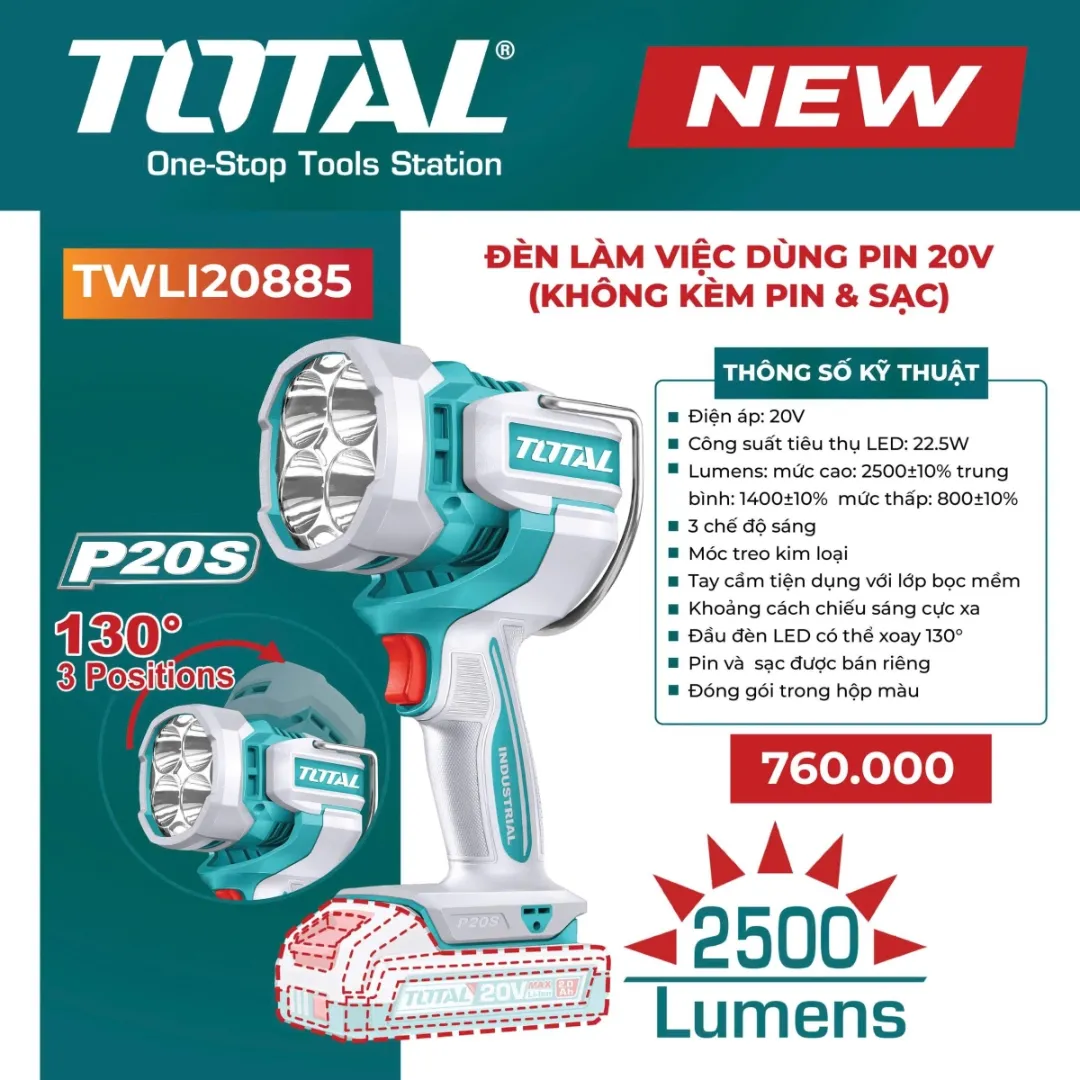 Đèn làm việc dùng pin 20V (không kèm pin & sac)-TOTAL-TWLI20885