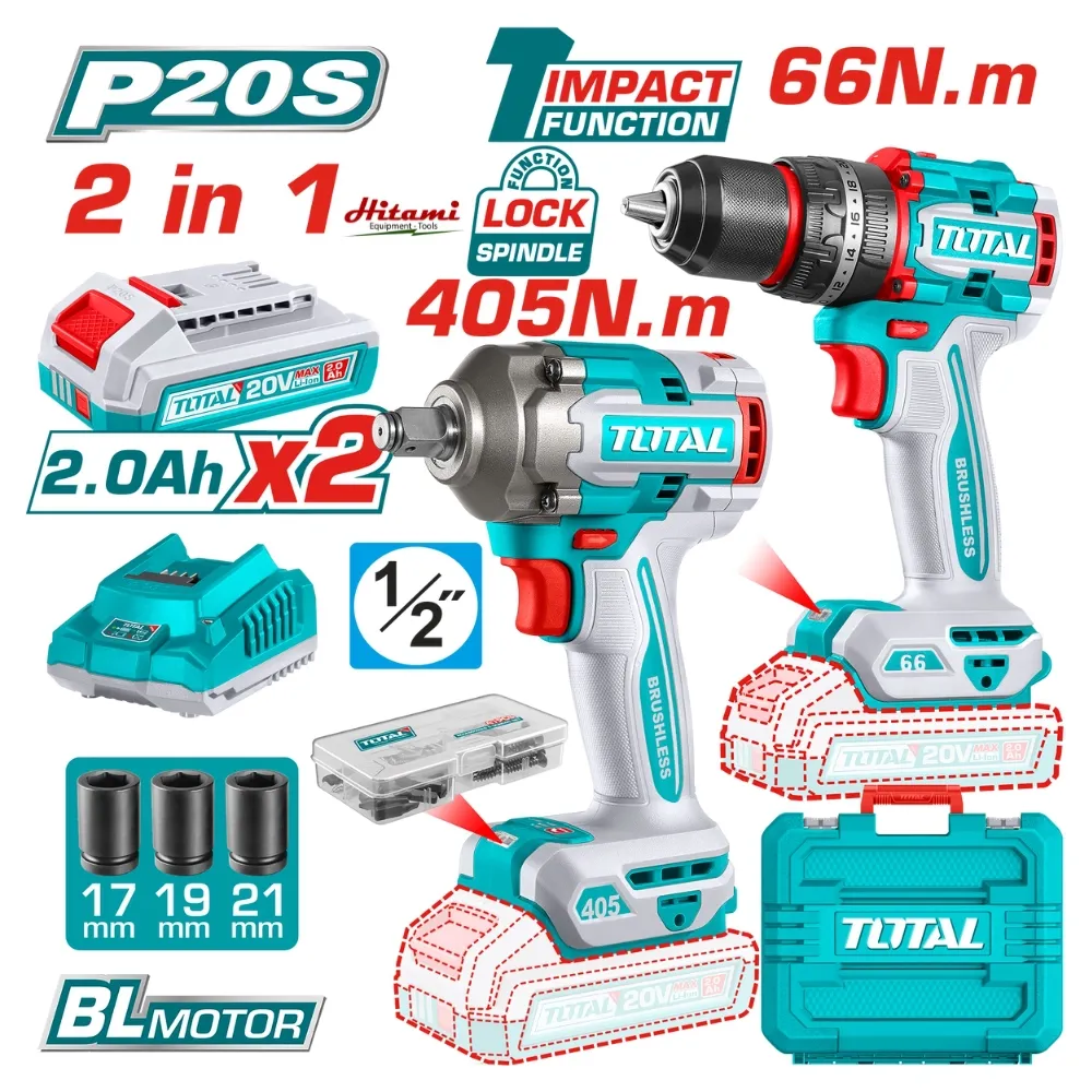 Bộ combo máy khoan búa TIDLI206681 & máy siết buloong TIWLI20451 không chổi than  dùng pin 20V-TOTAL-TCKLI20286