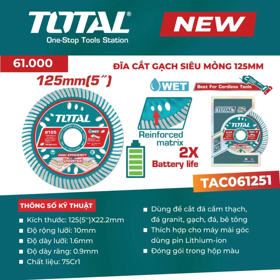 Đĩa cắt gạch siêu mỏng 125mm-TOTAL-TAC061251