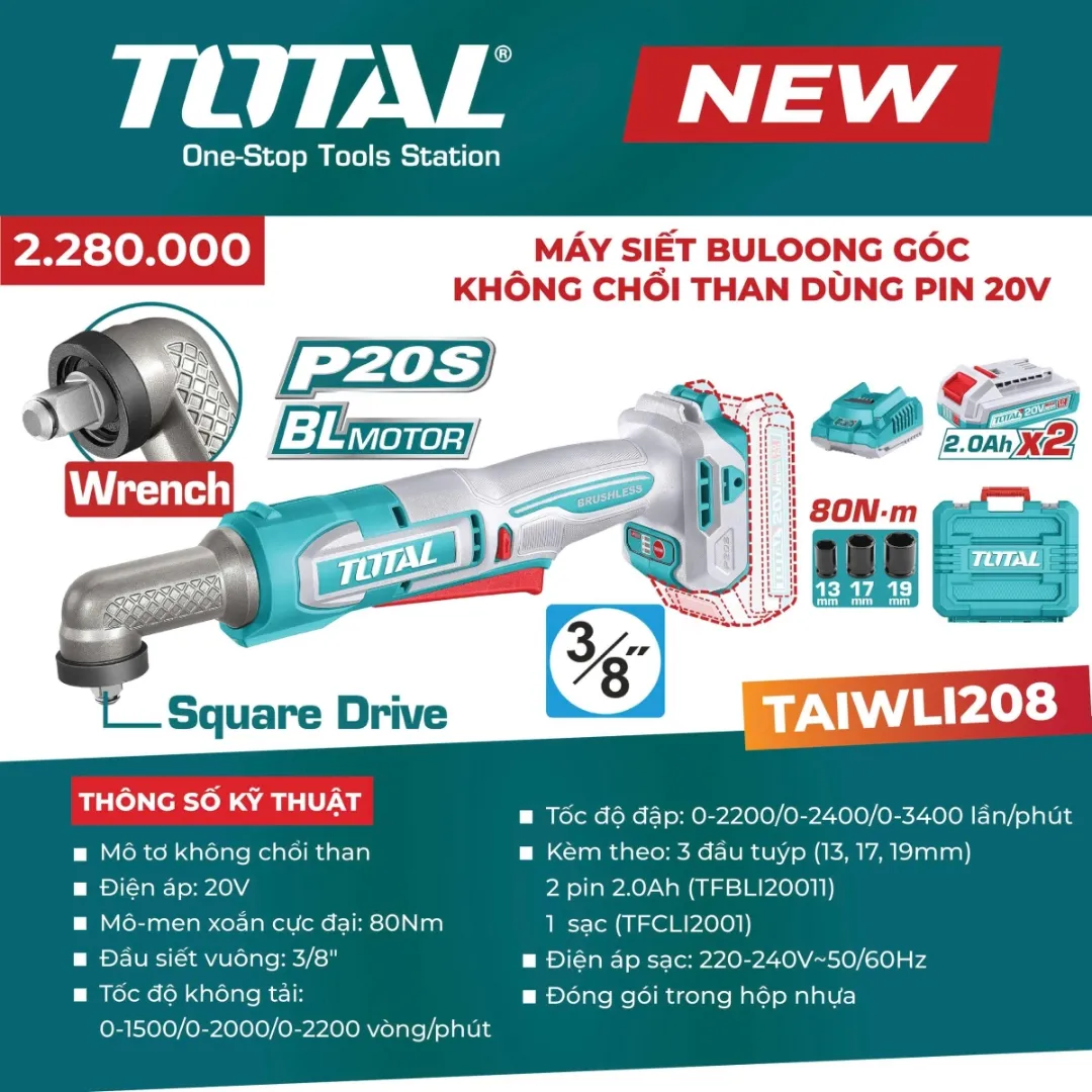 Máy siết buloong góc không chổi than dùng pin 20V-TOTAL-TAIWLI208