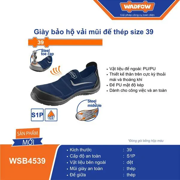 Giày bảo hộ vải mũi đế thép size 39-Wadfow WSB4539