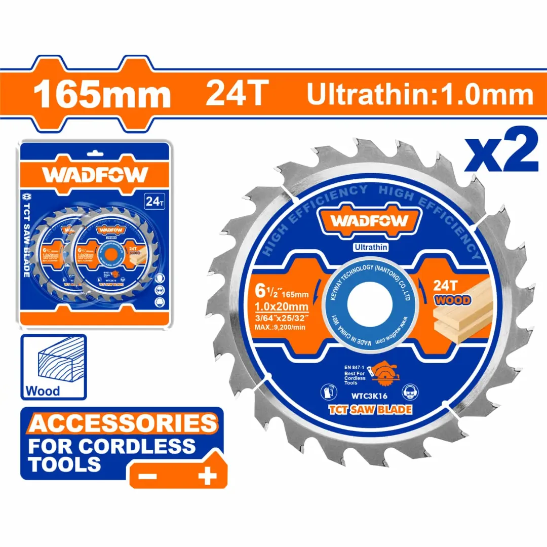 Bộ 2 lưỡi cưa TCT siêu mỏng 165mm(6-1/2") 24T Wadfow  WTC3K16