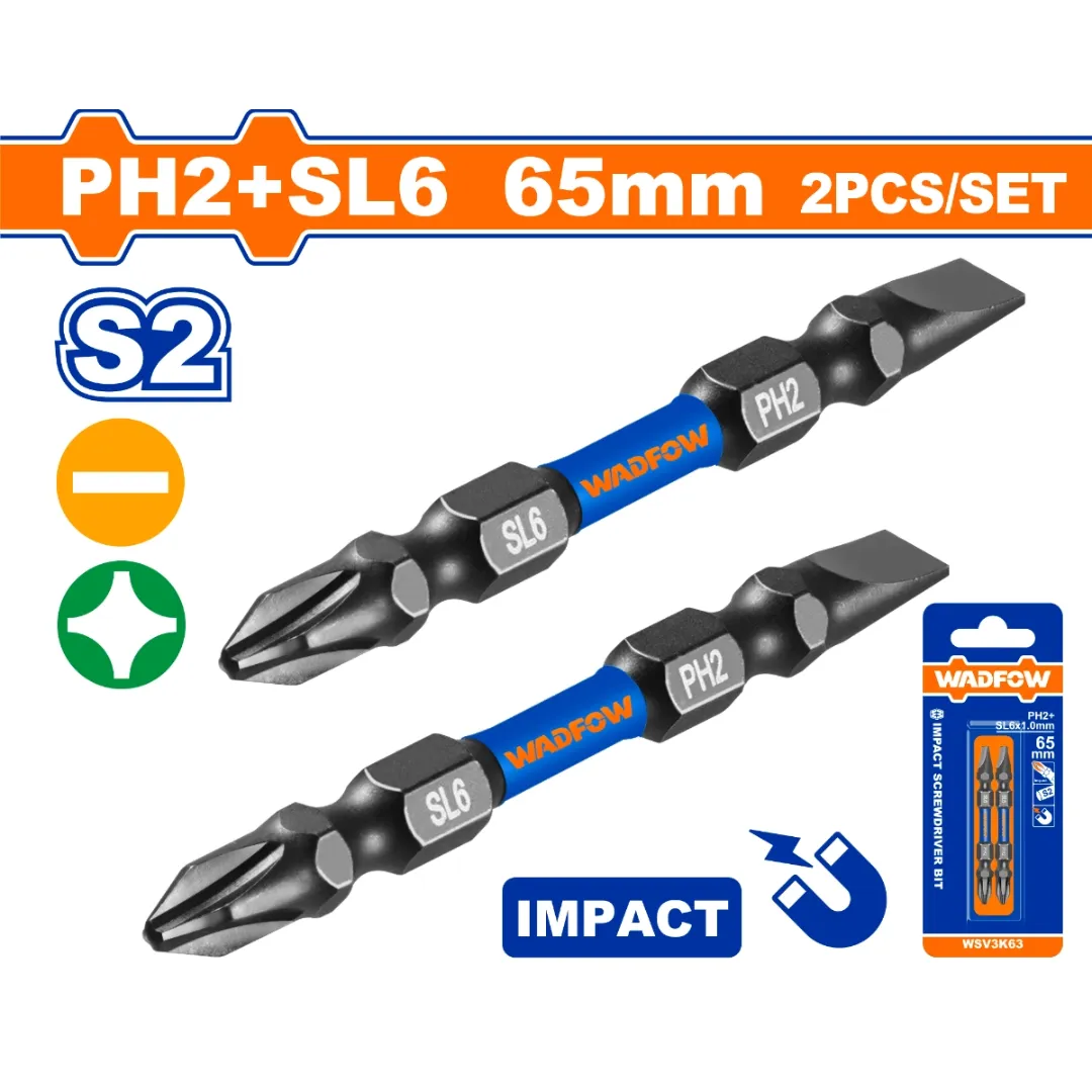 Bộ 2 Mũi bắt vít đóng 2 đầu PH2+SL6 65mm-Wadfow WSV3K63