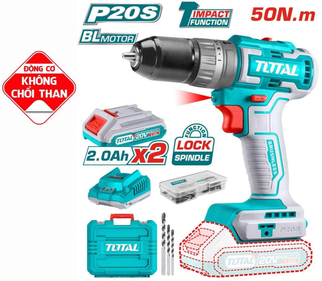 Máy khoan  búa không chổi than dùng pin Lithium-Ion 20V-TOTAL-TIDLI20508