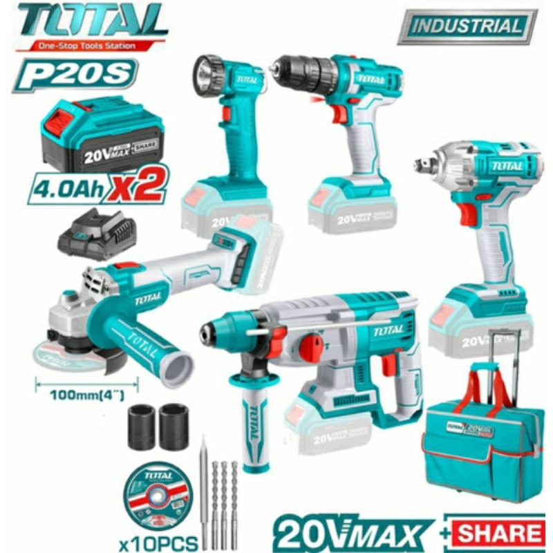 Bộ combo 5 máy siết bulong TIWLI2038, khoan TDLI20051, 
mài góc TAGLI201008 đèn TWLI2023 khoan động lực TRHLI20228-TOTAL-TCKLI2018