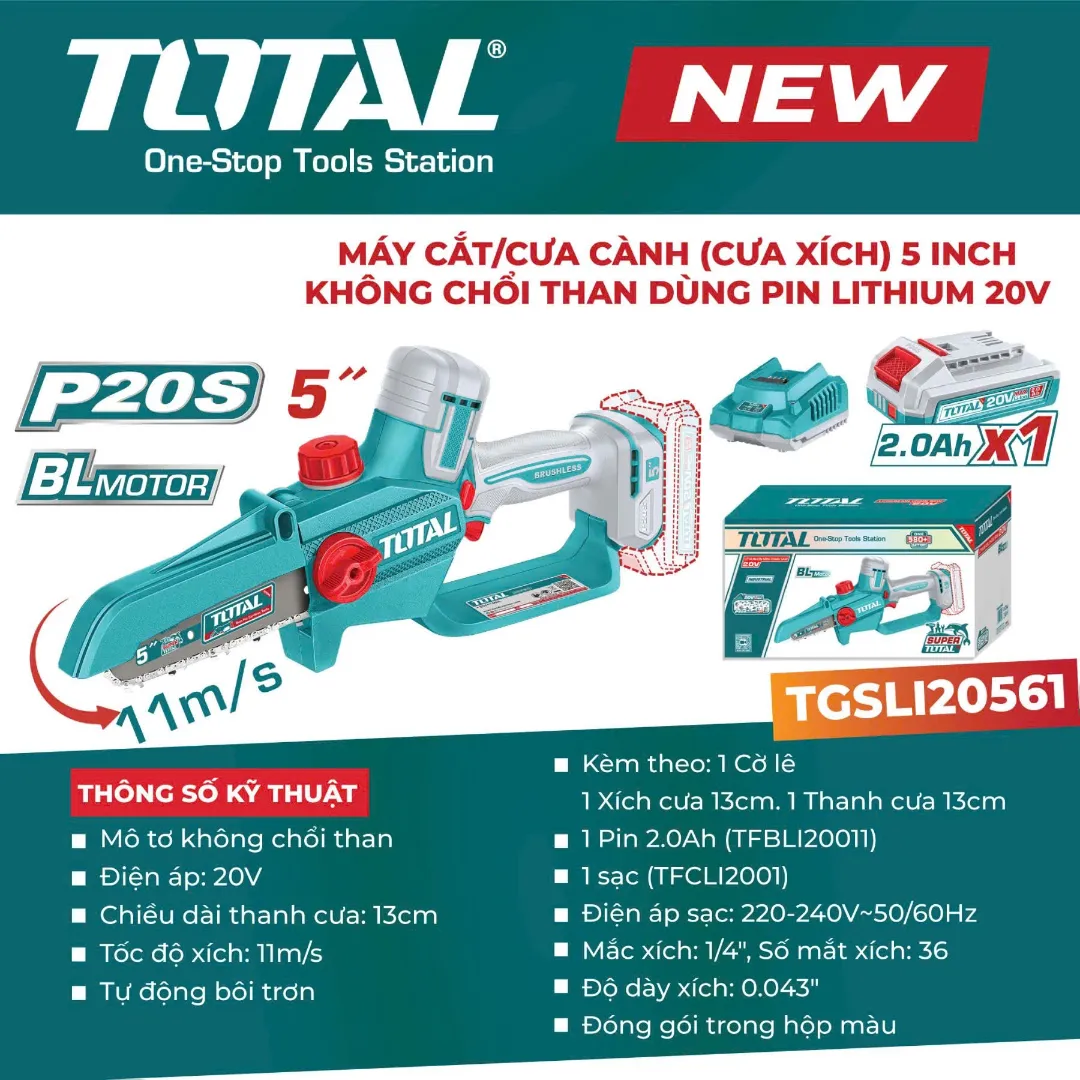 Máy cắt/ cưa cành (cưa xích) 5" không chổi than dùng pin Lithium 20V-TOTAL-TGSLI20561
