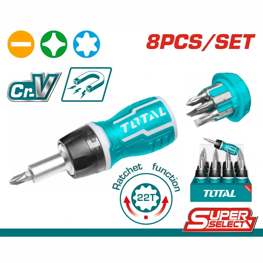 Bộ tua vít 8 trong 1 (tay vặn xoay chiều) -TOTAL-TACSDS1726