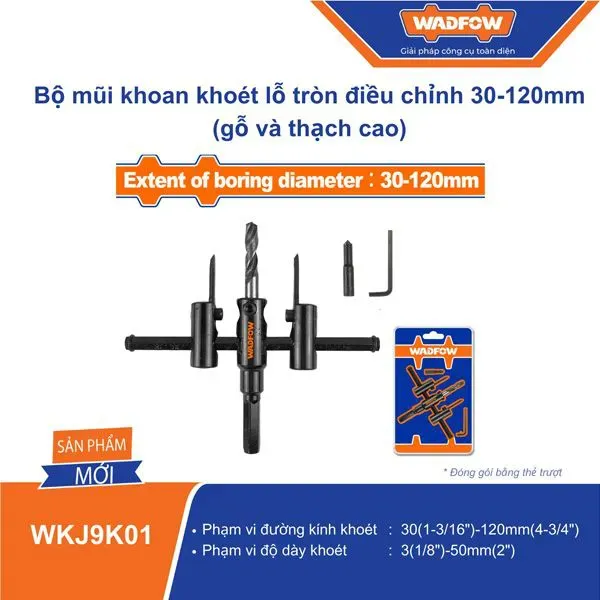 Bộ mũi khoan khoét lỗ tròn điều chỉnh 30-120mm (gỗ và thạch cao) WADFOW WKJ9K01
