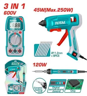 Bộ combo máy bắn keo TT401116,  mỏ hàn chì TET01610
và đồng hồ vạn năng kỹ thuật số TMT5360011-TOTAL-TTCK250716