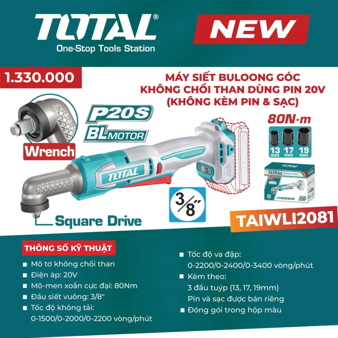 Máy siết vít góc không chổi than dùng pin 20V (không kèm pin & sạc)-TOTAL-TAIRLI2081