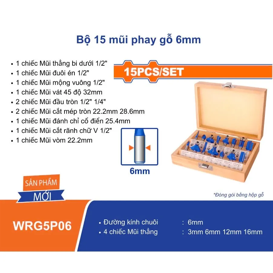 Bộ 15 mũi phay gỗ 6mm Wadfow  WRG5P06