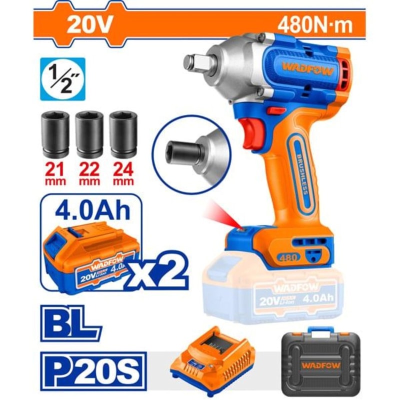 Máy siết bu lông dùng pin 20V-480Nm (không chổi than) Wadfow  WCD1B483
