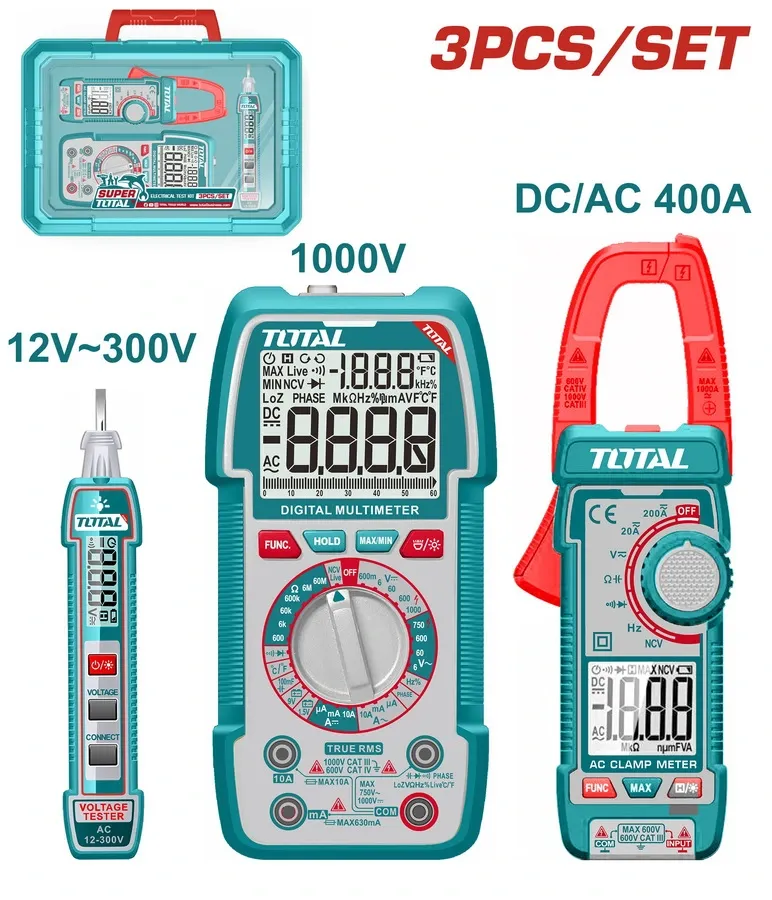 Bộ combo bút thử điện THTS33001 & đồng hồ vạn năng kỹ thuật số TMT5310002 & kềm đo AC kỹ thuật số TMT762002-TOTAL-TOS24067
