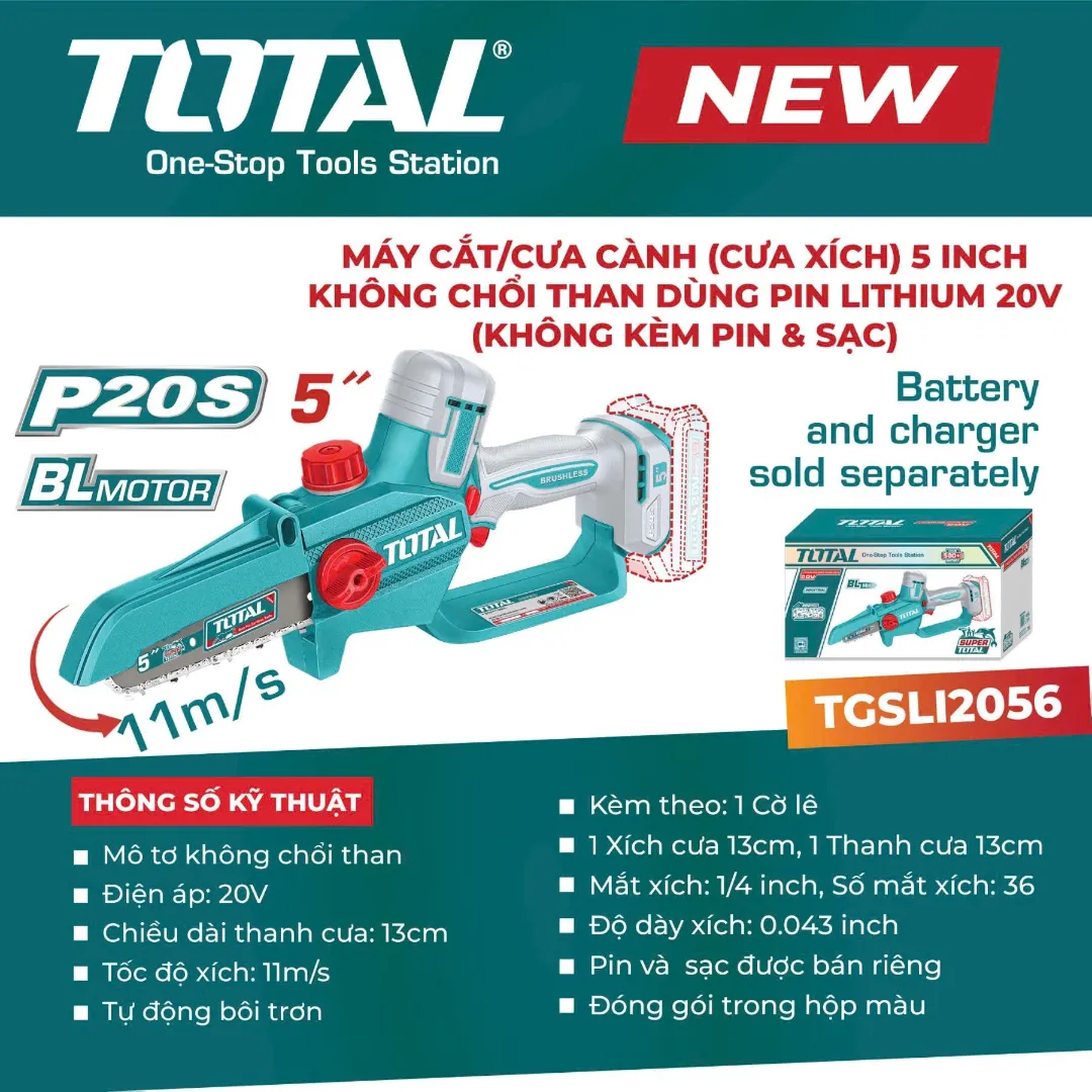 Máy cắt/ cưa cành (cưa xích) 5" không chổi than dùng pin Lithium 20V (không kèm pin và sạc)-TOTAL-TGSLI2056
