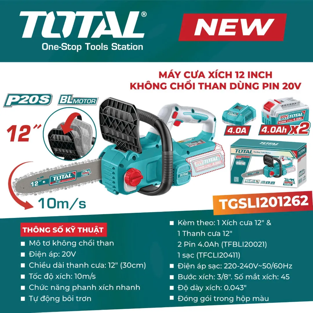 Máy cưa xích 12" không chổi than  dùng pin 20V-TOTAL-TGSLI201262