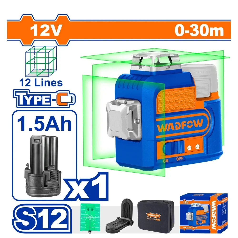 Máy cân bằng tia laser dùng pin Lithium-Ion 3D 12V (3 tia xanh) Wadfow WLE8M12