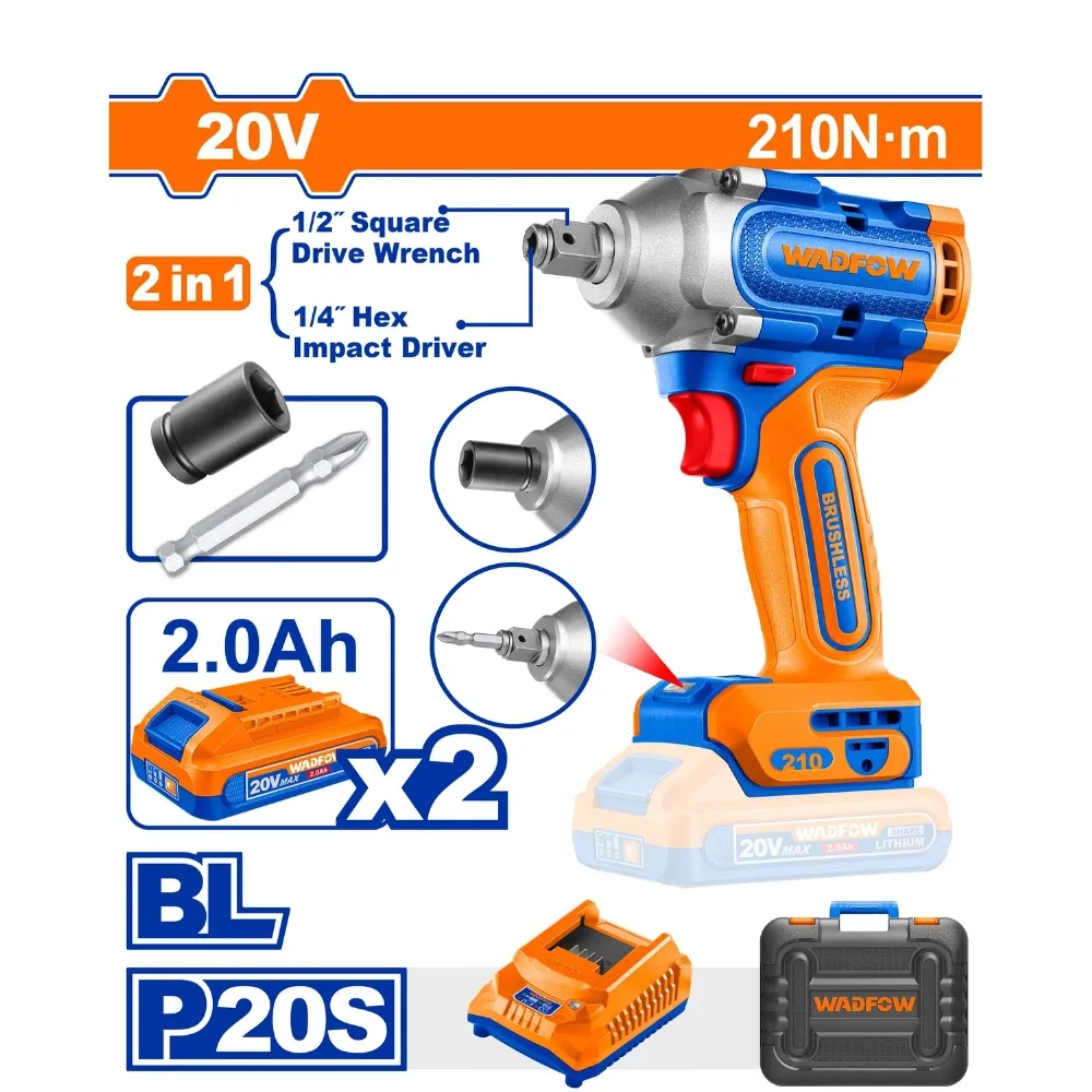 Máy siết bu lông & vít 2 trong 1 dùng pin 20V-210Nm (không chổi than) Wadfow  WCD3B21