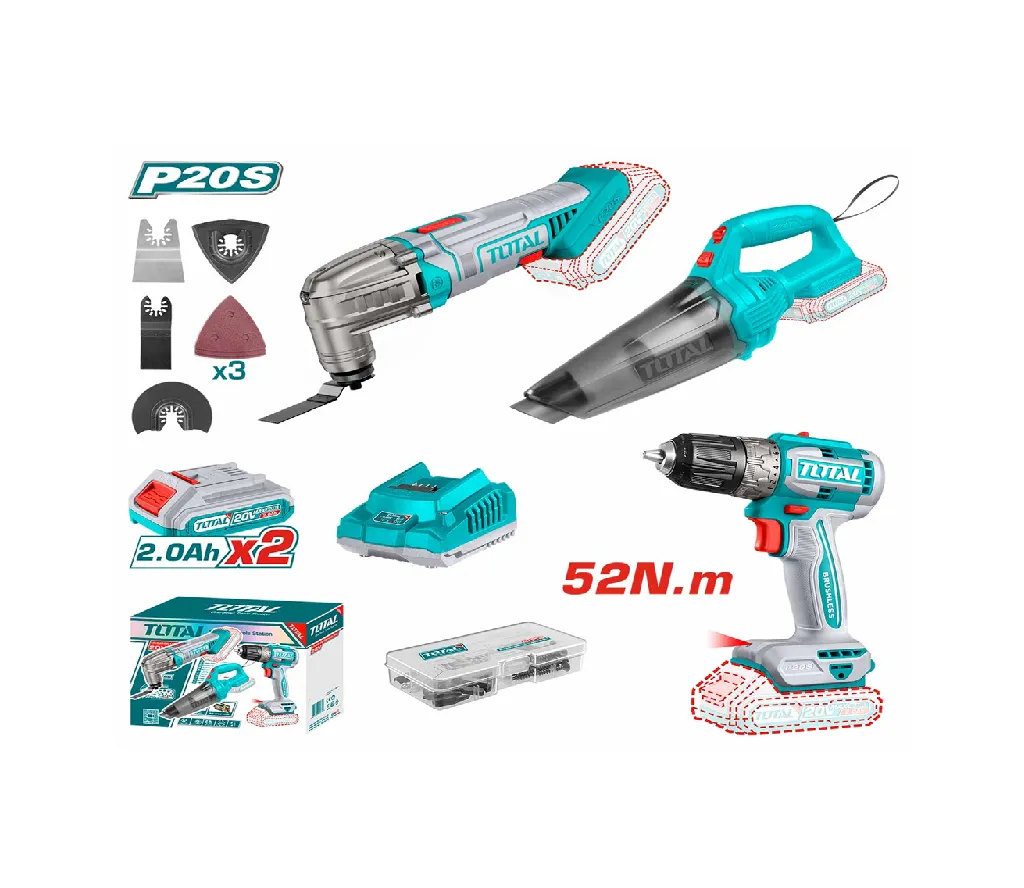 Bộ combo máy cắt gọc đa năng TMLI2022 & máy khoan pin không chổi than TDLI204531 & máy hút bụi TVLI201261 dùng pin 20V-TOTAL-TOSLI240685