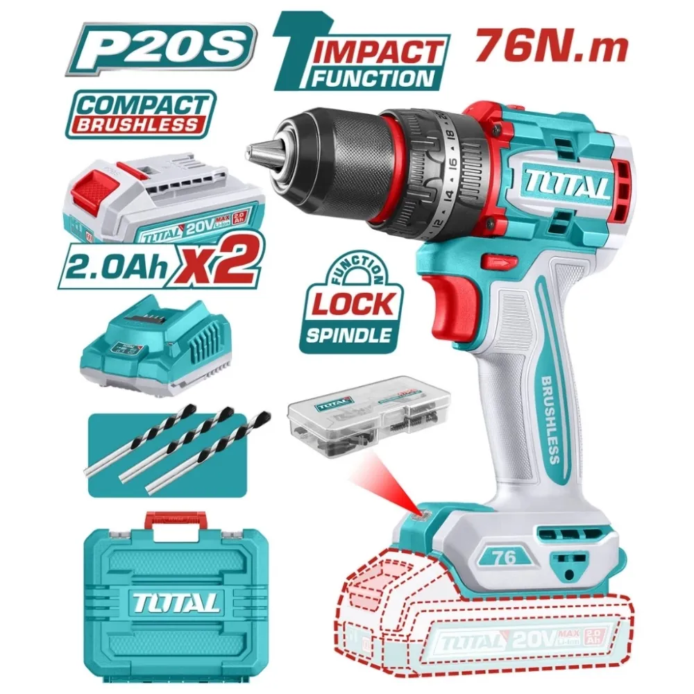 Máy khoan búa không chổi than dùng pin 20V-TOTAL-TIDLI20768