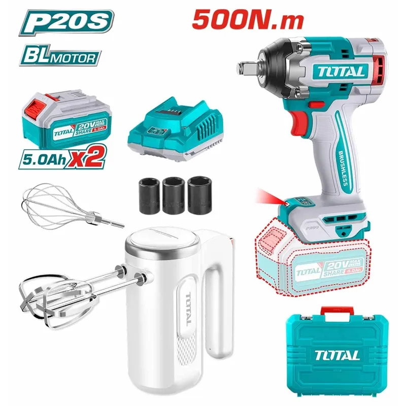 Bộ combo máy siết buloong TIWLI2050 không chổi than dùng pin 20V & máy trộn cầm tay TMK021T-TOTAL-TOSLI240787