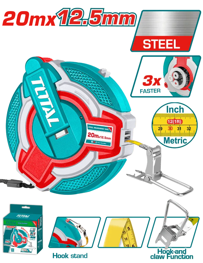 Thước kéo thép nền vàng 20mx12.5mm-TOTAL-TMT08206