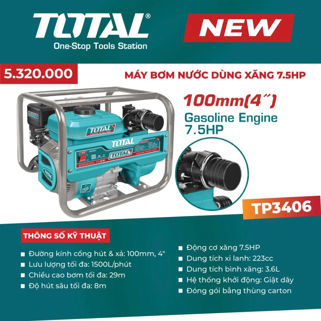 Máy bơm nước dùng xăng 7.5HP-TOTAL-TP3406
