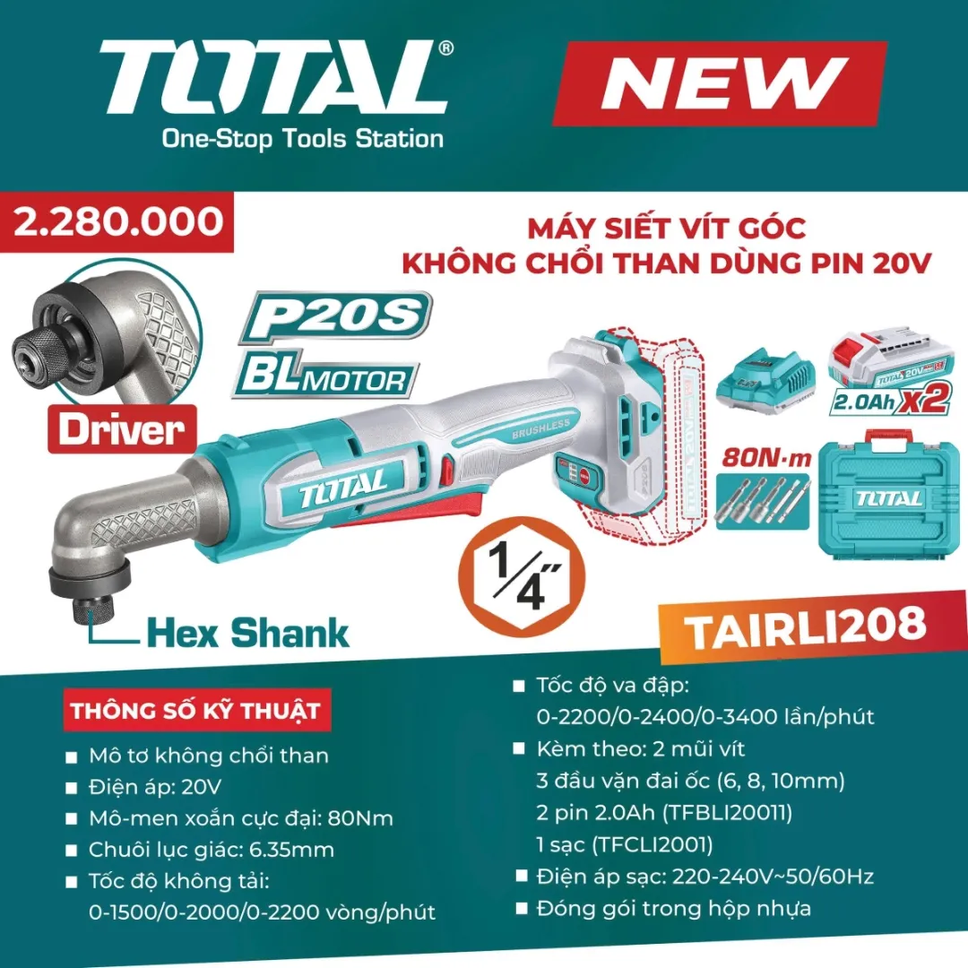 Máy siết vít góc không chổi than dùng pin 20V-TOTAL-TAIRLI208