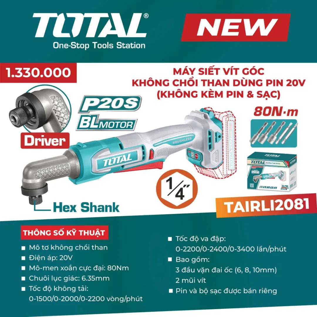 Máy siết buloong góc không chổi than dùng pin 20V (không kèm pin & sạc)-TOTAL-TAIWLI2081
