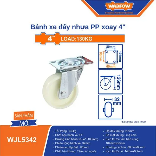Bánh xe đẩy nhựa PP xoay 4" WADFOW WJL5342