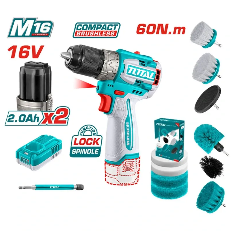 Bộ combo máy khoan TDLI16681 không chổi than dùng pin 16V & 11 bàn chải TACB1101-TOTAL-TOSLI240786