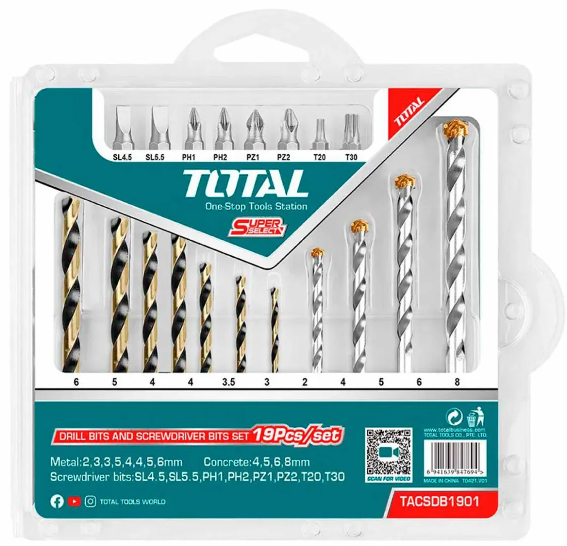 Bộ 19 mũi khoan kim loại, bê tông và mũi bắt vít -TOTAL-TACSDB1901