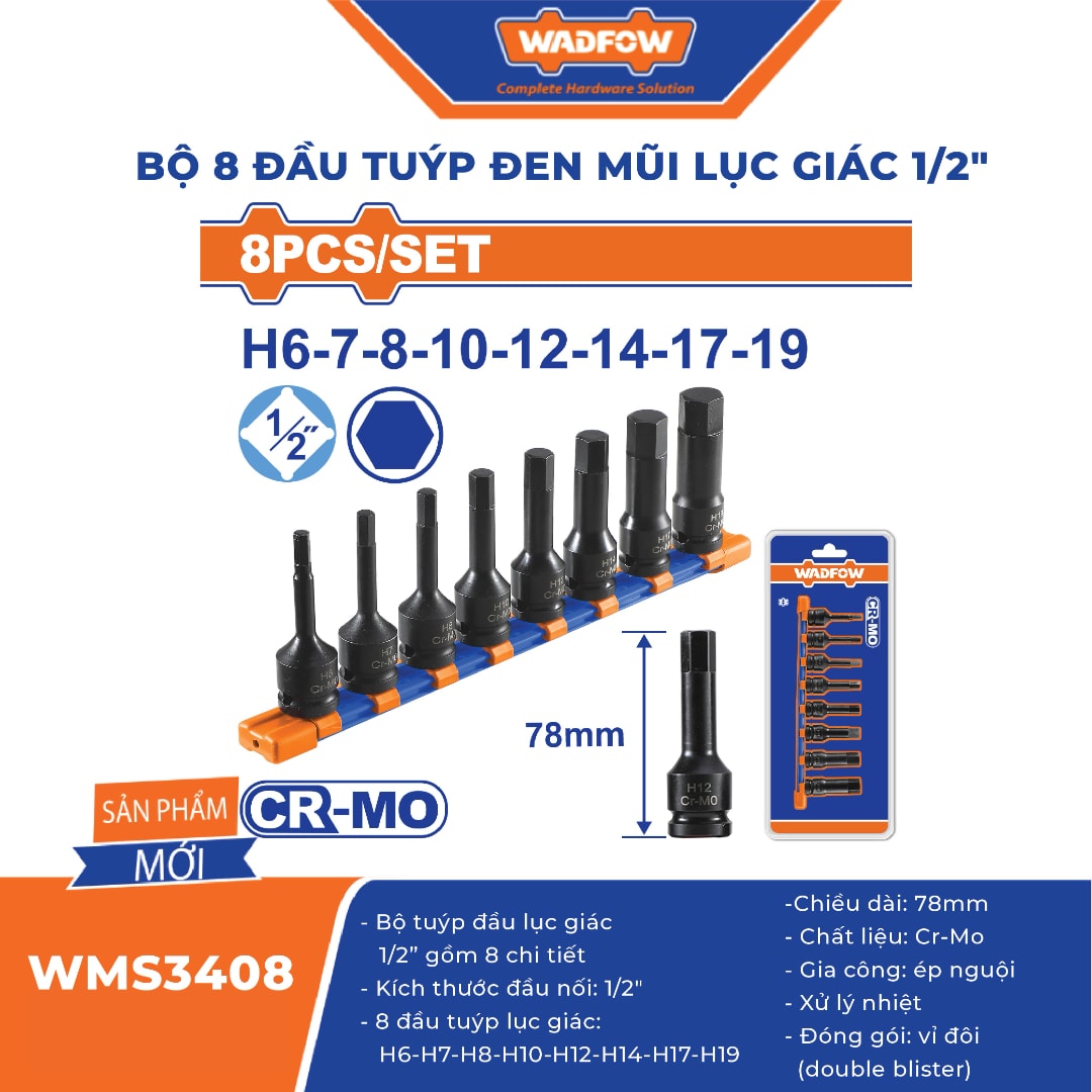 Bộ 8 đầu tuýp đen mũi lục giác 1/2"-Wadfow-WMS3408