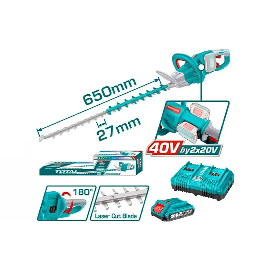 Máy cắt hàng rào không chổi than dùng 2 pin 20V -TOTAL-THTLI400282