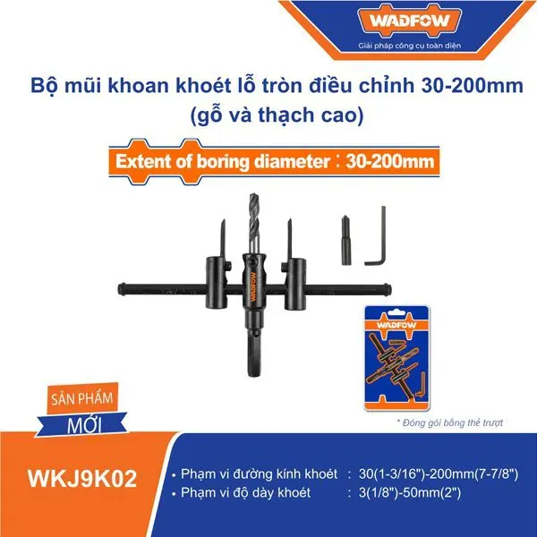 Bộ mũi khoan khoét lỗ tròn điều chỉnh 30-200mm (gỗ và thạch cao) WADFOW WKJ9K02