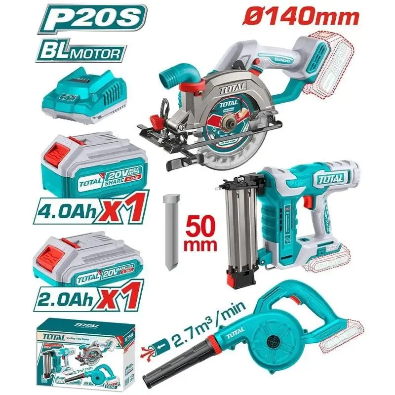Bộ combo máy cưa đĩa tròn không chổi than TSLI1402 & máy thổi bụi TABLI20028 & máy bắn đinh TBNLI5005 dùng pin 20V-TOTAL-TOSLI240683