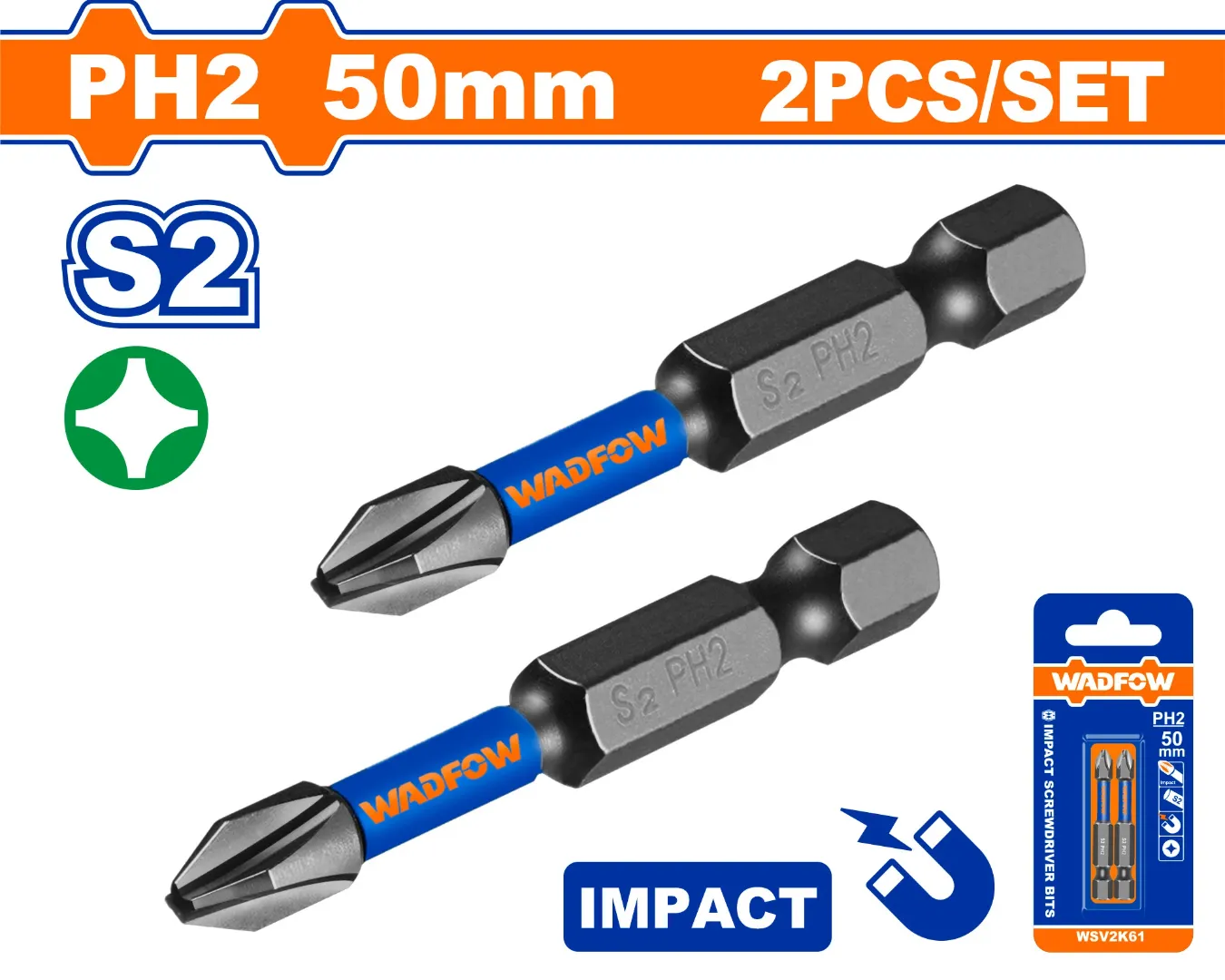 Bộ 2 Mũi bắt vít đóng PH2 50mm-Wadfow WSV2K61