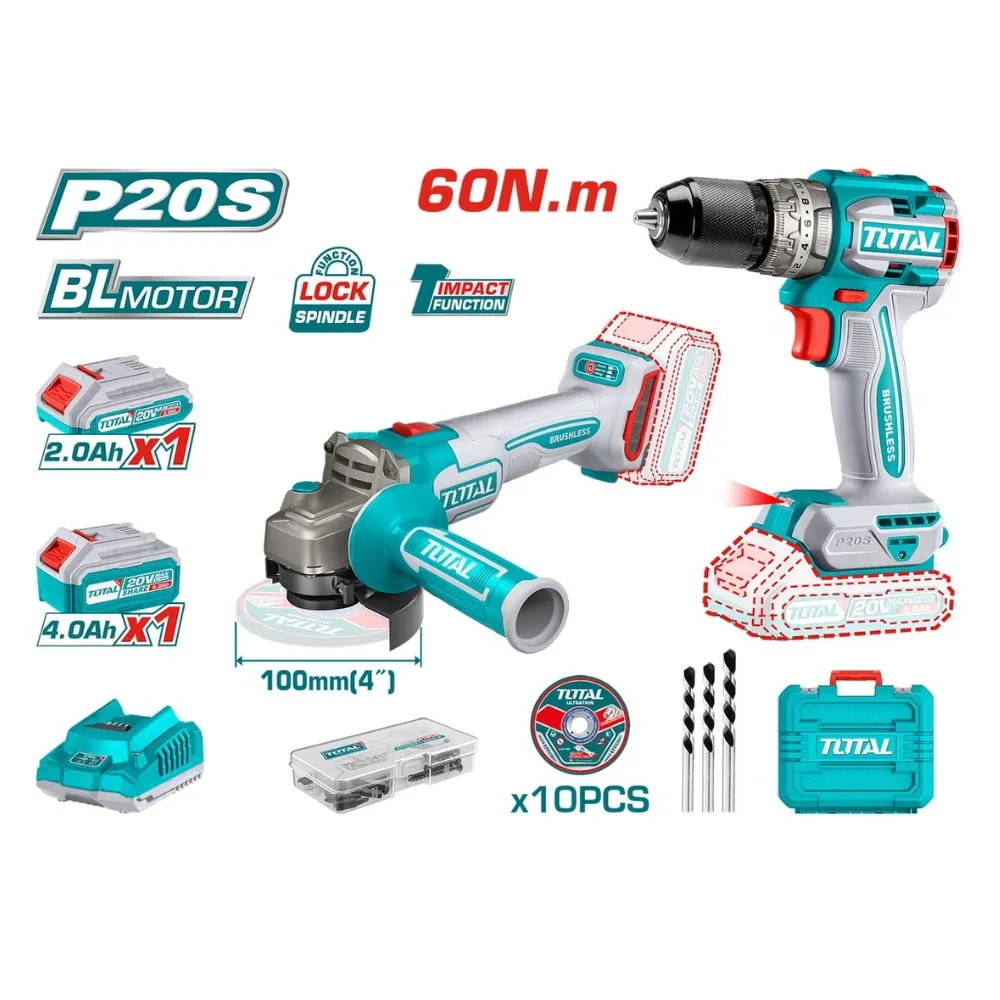 Bộ combo máy mài góc TAGLI21104
máy khoan búa TIDLI20602 (TIDLI206681)  không chổi than dùng pin 20V-TOTAL-TCKLI2027310