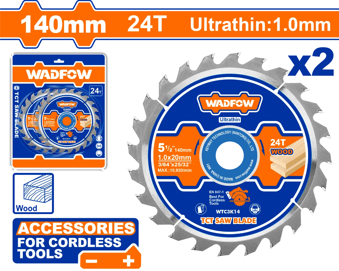 Bộ 2 lưỡi cưa TCT siêu mỏng 140mm(5-1/2") 24T Wadfow  WTC3K14